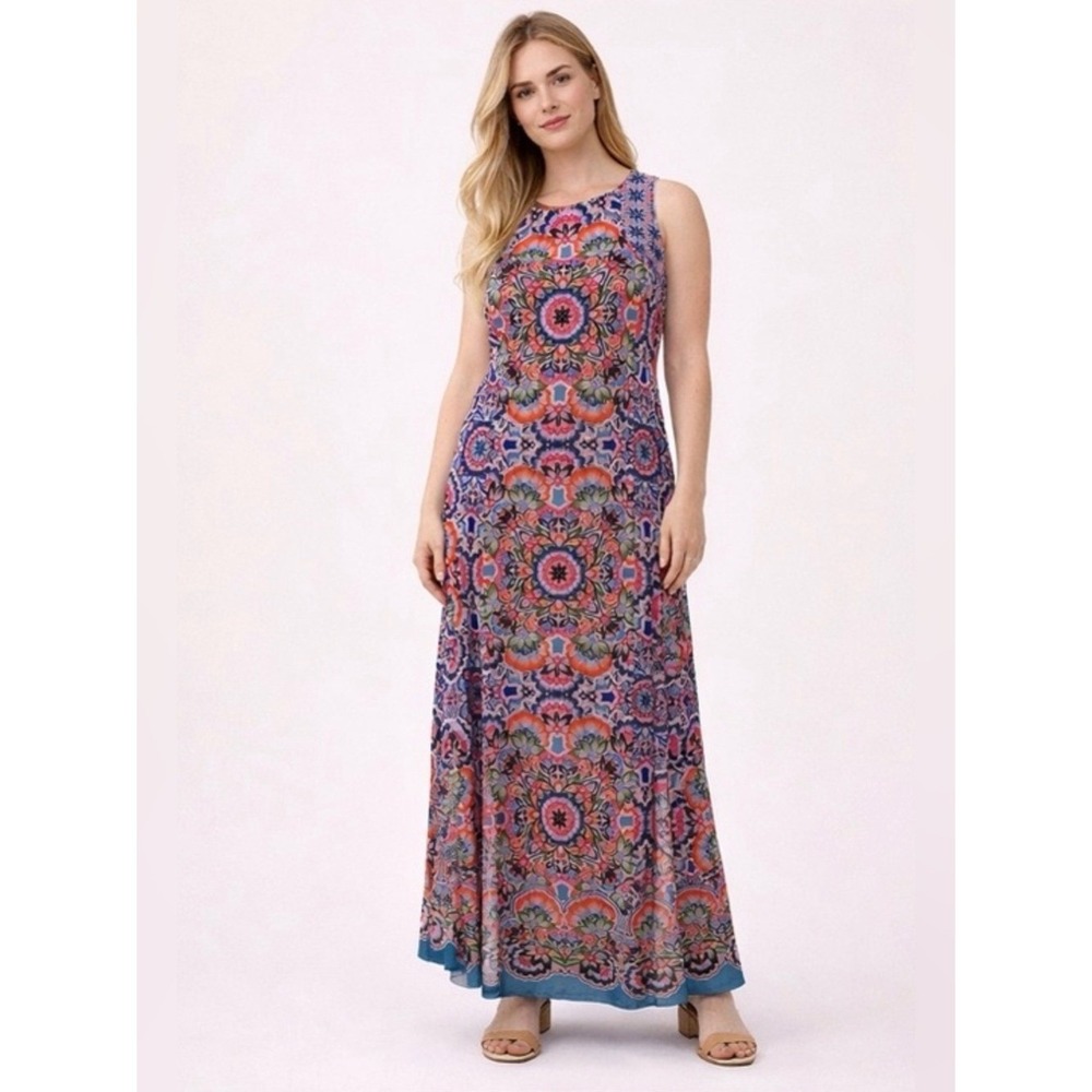 London Times Vibrant Floral Maxi Dress Size 8 Boho Resort Summer Stretch